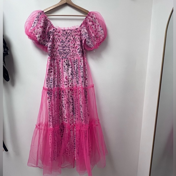 Bright Pink Tulle Midi dress with floral underlay. Smocked bodice - Picture 3 of 3